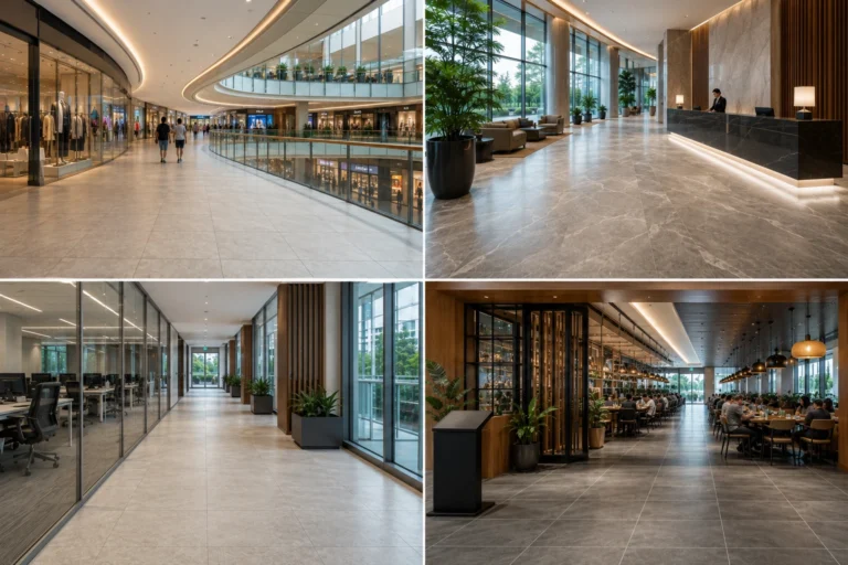 Various commercial settings including a shopping mall, hotel lobby, office, and restaurant floor to illustrate zoning for tile selection.