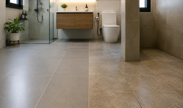 A modern, well-maintained bathroom with tiled flooring, demonstrating an environment where non-porous, waterproof epoxy grout is recommended for long-term durability and moisture resistance.
