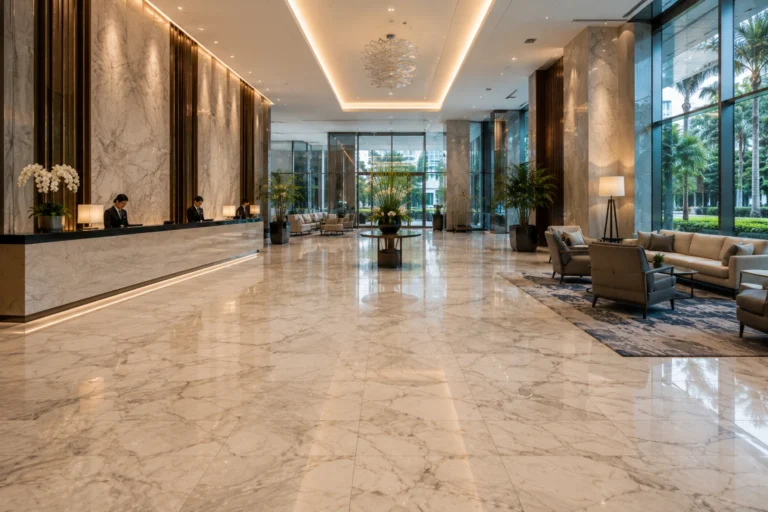 Elegant hotel lobby featuring high-end, realistic marble-look glazed porcelain flooring that demonstrates the design flexibility of modern tiling solutions.
