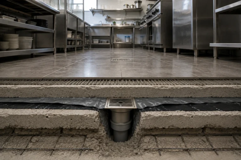 Cross-section view of a commercial kitchen floor in an HDB unit, showing the installation of an HDB-approved waterproofing membrane layer beneath the tiles and around the floor trap to prevent water seepage.