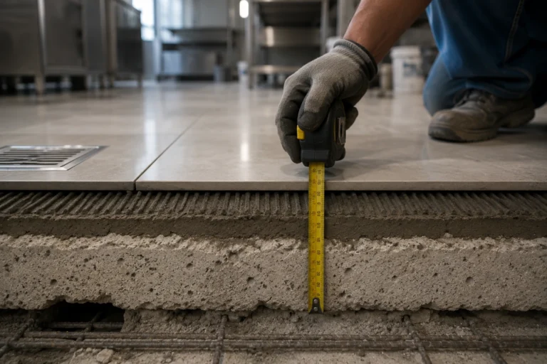A construction worker measuring the combined thickness of new floor tiles and cement screed in an HDB commercial unit, ensuring compliance with the mandatory 50mm thickness rule to protect the structural integrity of the slab.