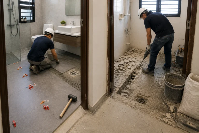 A side-by-side comparison of HDB bathroom renovation methods: a worker installing new floor tiles (overlaying) on the left, and a worker using a jackhammer to remove old tiles and screed (hacking) on the right.
