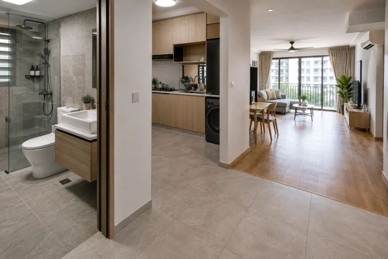 Distinction between an HDB wet area (tiled bathroom with floor trap) and a dry area (wooden living room flooring) illustrating the need for waterproofing membrane protection.