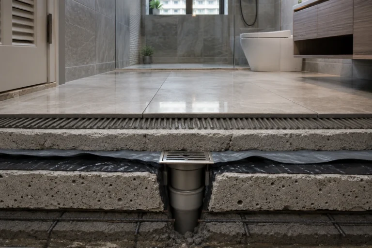 Cross-section view of HDB wet-area flooring showing the critical waterproofing membrane layer installed between the concrete slab and tiles, as required by HDB renovation guidelines.