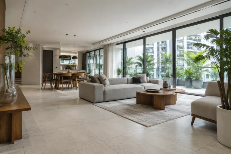 A bright, modern Singaporean interior featuring natural light and greenery, reflecting the principles of green building design and healthier indoor air quality.