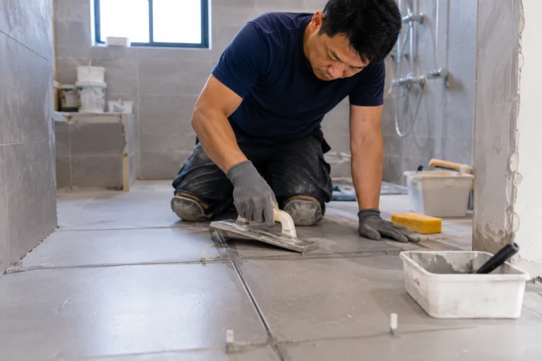 A professional tiler using a grout float to apply epoxy grout in a bathroom, demonstrating the precision and technique required to ensure a clean finish and proper joint filling.