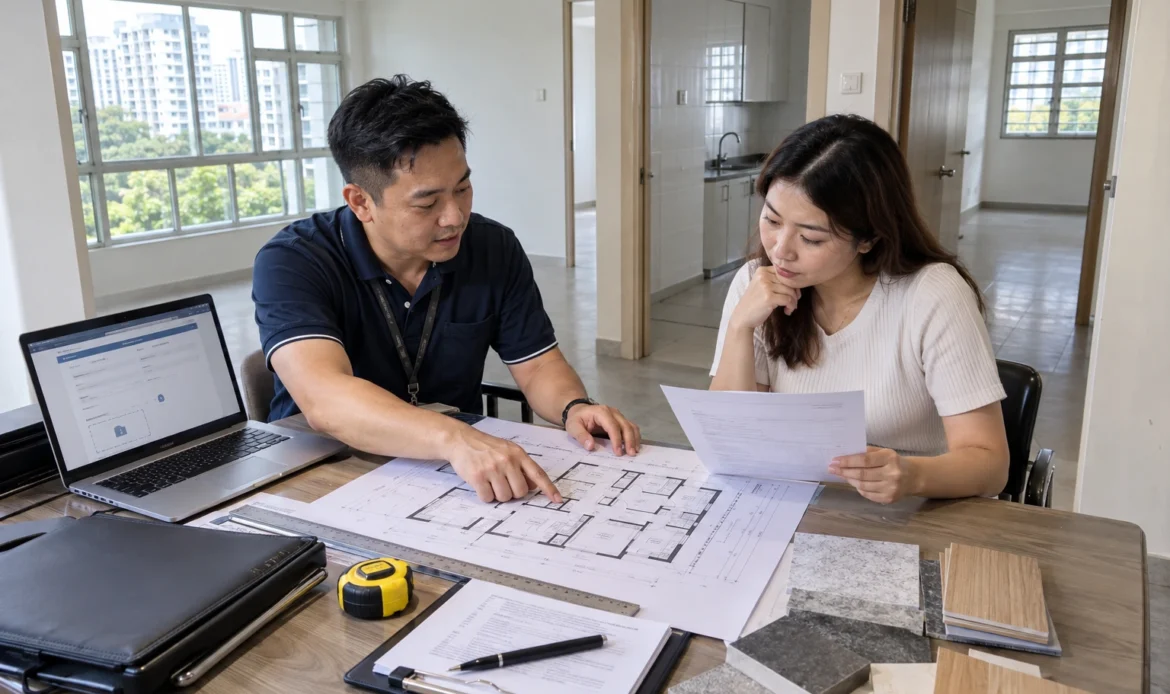 Singapore HDB renovation contractor reviewing permit application documents and floor plans with a homeowner