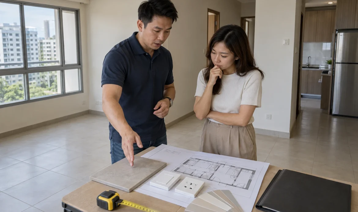 HDB renovation contractor explaining flooring, electrical and painting work to a homeowner in Singapore
