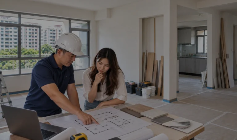HDB renovation contractor reviewing floor plans with a homeowner before renovation work in Singapore