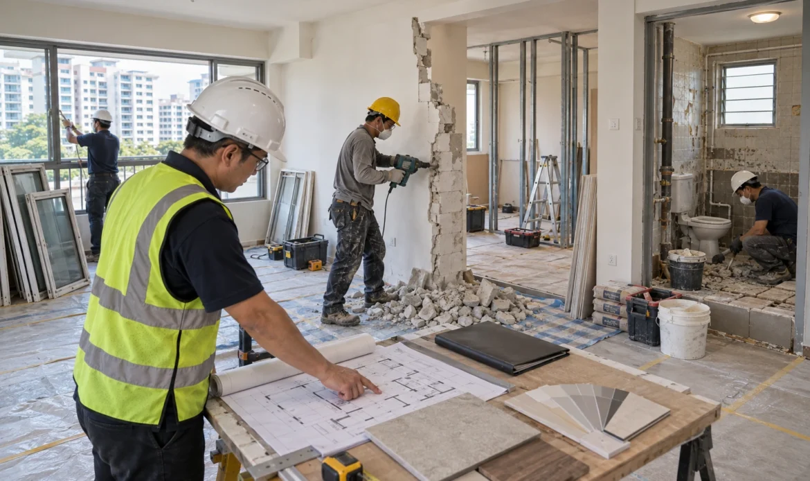 HDB renovation workers carrying out partition wall demolition, bathroom renovation and window works in Singapore