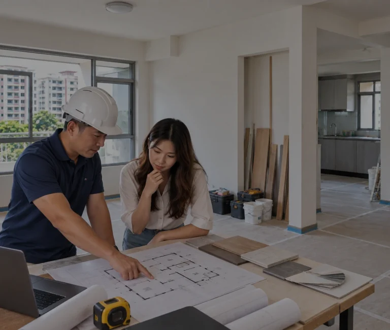 HDB renovation contractor reviewing floor plans with a homeowner before renovation work in Singapore